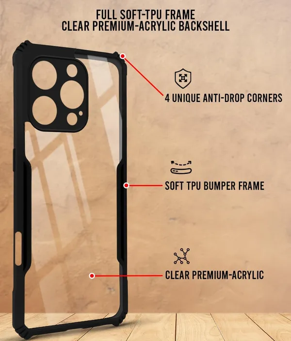 Bumper_Black_Shockproof_Bumper_Crystal__Back_Case_Cover_Compatible_With_Iphone_16_Pro_Max__Minimalist_Pc+Tpu_360_Protection_Tough_Rugged_Design