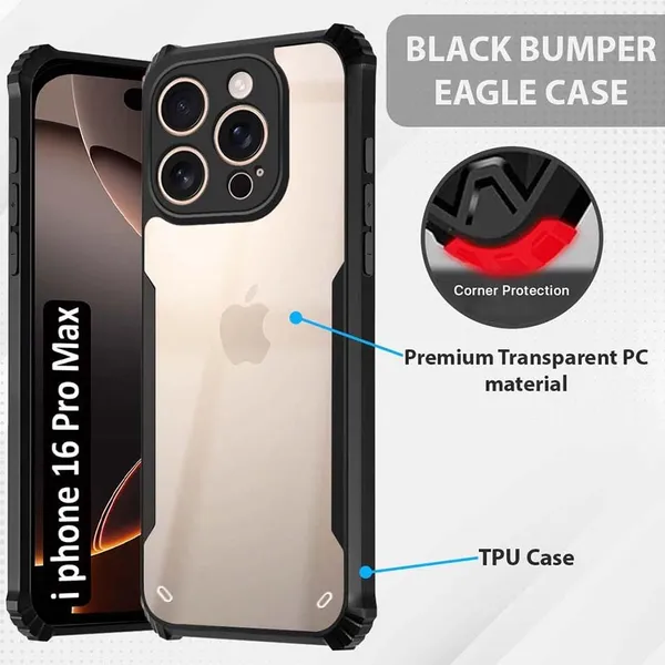 Bumper_Black_Shockproof_Bumper_Crystal__Back_Case_Cover_Compatible_With_Iphone_16_Pro_Max__Minimalist_Pc+Tpu_360_Protection_Tough_Rugged_Design