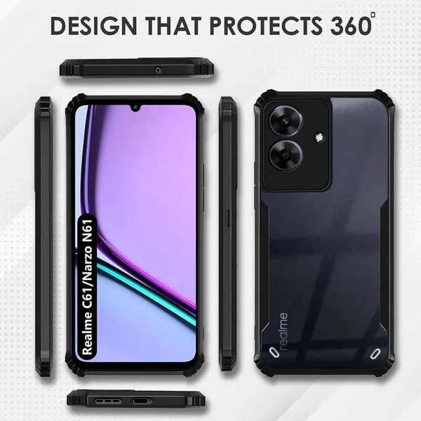 Bumper_Black_Shockproof_Bumper_Crystal__Back_Case_Cover_Compatible_With_Realme_Narzo_N61_4G_/_Realme_C61_4G__Minimalist_Pc+Tpu_360_Protection_Tough_Rugged_Design