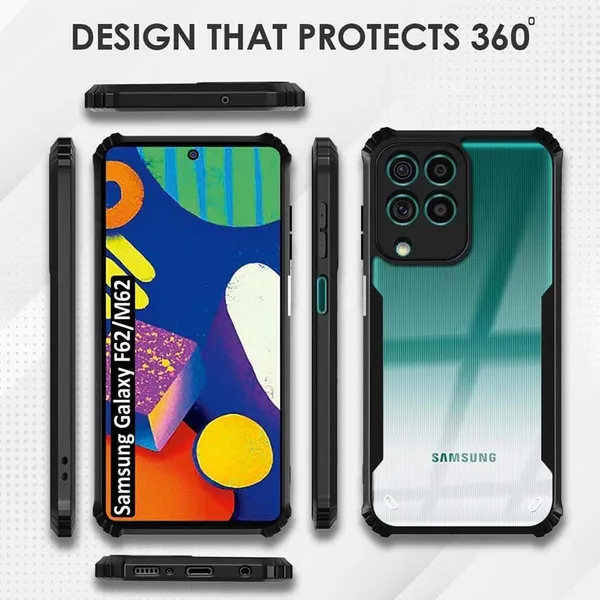 Bumper_Black_Shockproof_Bumper_Crystal__Back_Case_Cover_Compatible_With_Samsung_Galaxy_F62_/_Samsung_Galaxy_M62__Minimalist_Pc+Tpu_360_Protection_Tough_Rugged_Design