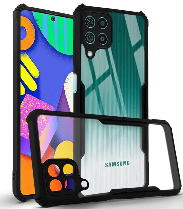 Bumper_Black_Shockproof_Bumper_Crystal__Back_Case_Cover_Compatible_With_Samsung_Galaxy_F62_/_Samsung_Galaxy_M62__Minimalist_Pc+Tpu_360_Protection_Tough_Rugged_Design