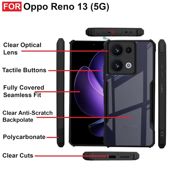 Bumper_Black_Shockproof_Bumper_Crystal__Back_Case_Cover_Compatible_With_Oppo_Reno_13_5G__Minimalist_Pc+Tpu_360_Protection_Tough_Rugged_Design