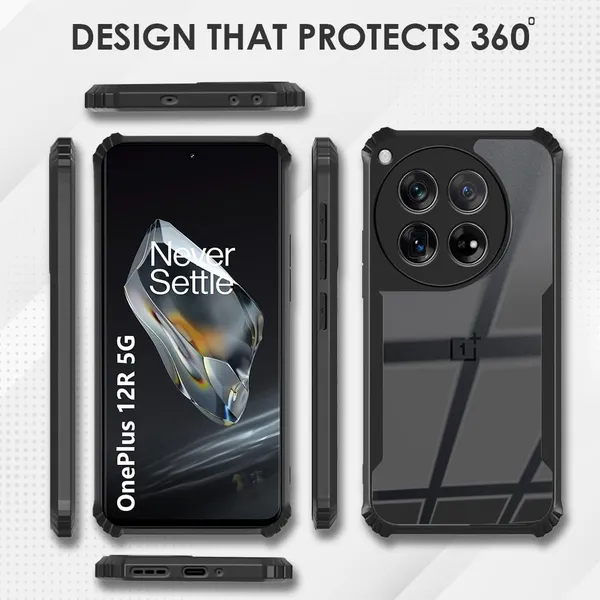 Bumper_Black_Shockproof_Bumper_Crystal__Back_Case_Cover_Compatible_With_Oneplus_12R_5G_/_1+Ace_3_5G__Minimalist_Pc+Tpu_360_Protection_Tough_Rugged_Design