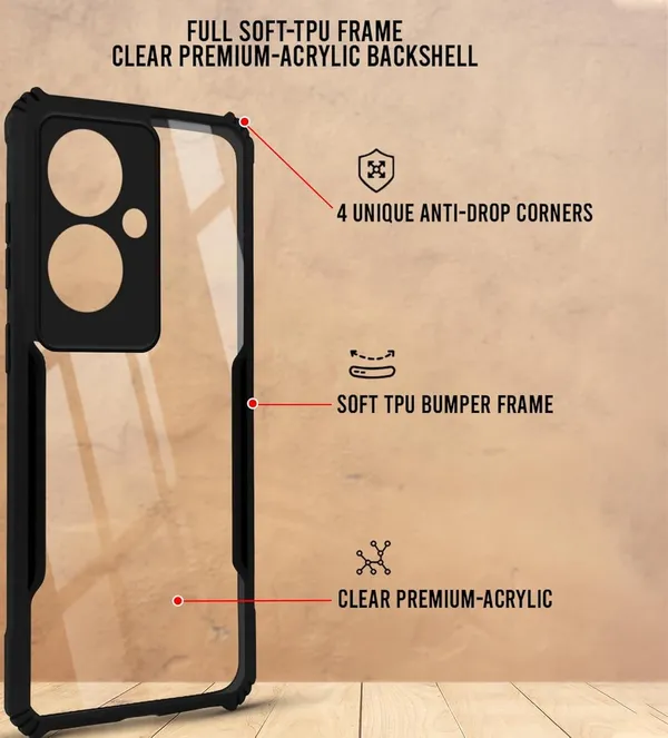 Bumper_Black_Shockproof_Bumper_Crystal__Back_Case_Cover_Compatible_With_Oppo_F25_Pro_5G__Minimalist_Pc+Tpu_360_Protection_Tough_Rugged_Design