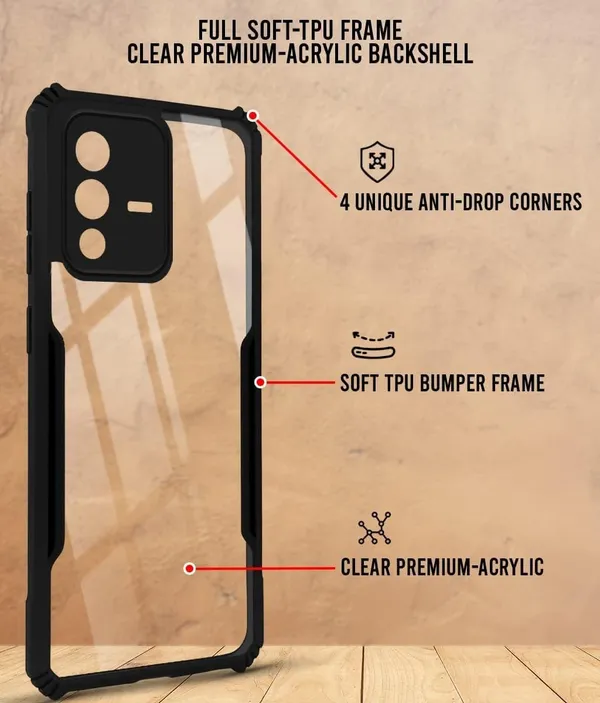 Bumper_Black_Shockproof_Bumper_Crystal__Back_Case_Cover_Compatible_With_Vivo_V23_Pro/Vivo_S12_Pro_5G__Minimalist_Pc+Tpu_360_Protection_Tough_Rugged_Design