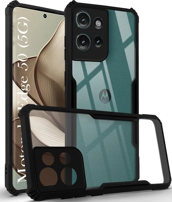 Bumper_Black_Shockproof_Bumper_Crystal__Back_Case_Cover_Compatible_With_Motorola_Moto_Edge_50_5G__Minimalist_Pc+Tpu_360_Protection_Tough_Rugged_Design