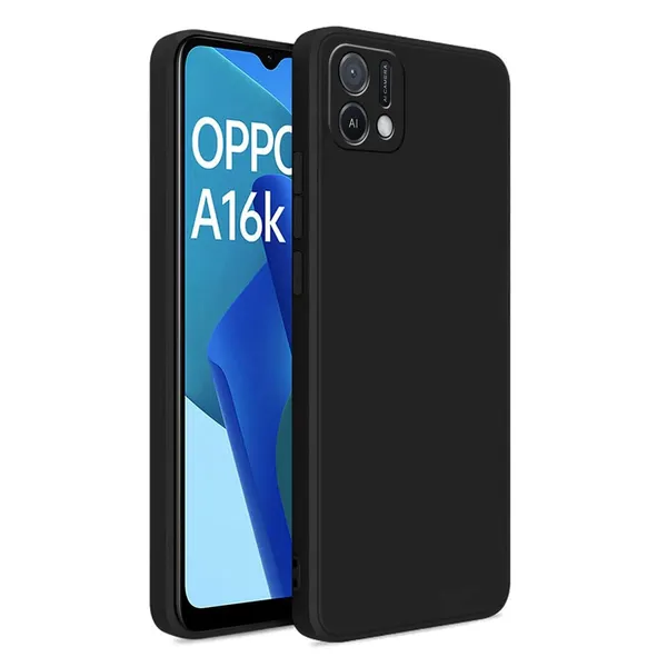 Silicone_Black_Silicone_Back_Case_Cover_Compatible_With_Oppo_A16K_/_A16E__Slim_Liquid_Silicone_Soft_Gel_Rubber__Camera_Protection