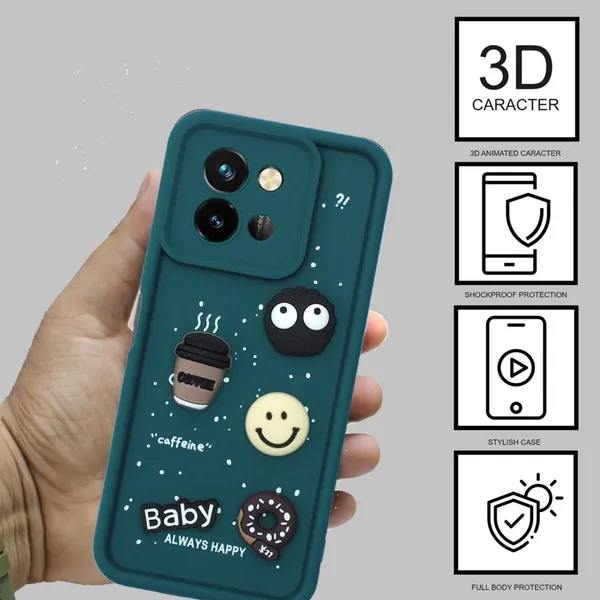 Coffee_Green_Coffee_Tpu_Silicone_Back_Case_Cover_Compatible_With_Vivo_Y38_/_Y58_/_T3X_/_Y200I_5G__Cute_Fun_Cartoon_3D_Ball__Full_Body_Protection__Camera_Protection_Green