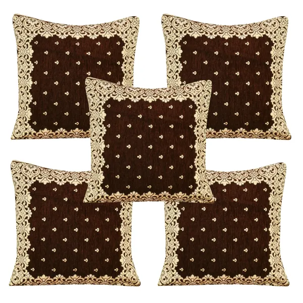 Coffee_Brown_Velvet,_Jacquard_And_Chenille_Cushion_Cover_Set_For_Sofa_And_Living_Room_Decore_Pack_Of_5