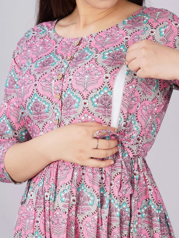 Pink_Pure_Cotton_Floral_Print_Casual_Regular_Fit_Round_Neck_Anarkali_Gown_For_Women