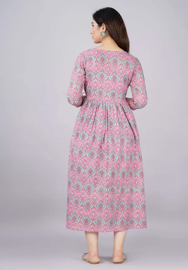 Pink_Pure_Cotton_Floral_Print_Casual_Regular_Fit_Round_Neck_Anarkali_Gown_For_Women