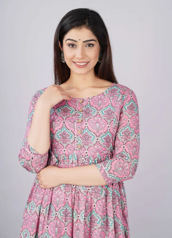 Pink_Pure_Cotton_Floral_Print_Casual_Regular_Fit_Round_Neck_Anarkali_Gown_For_Women