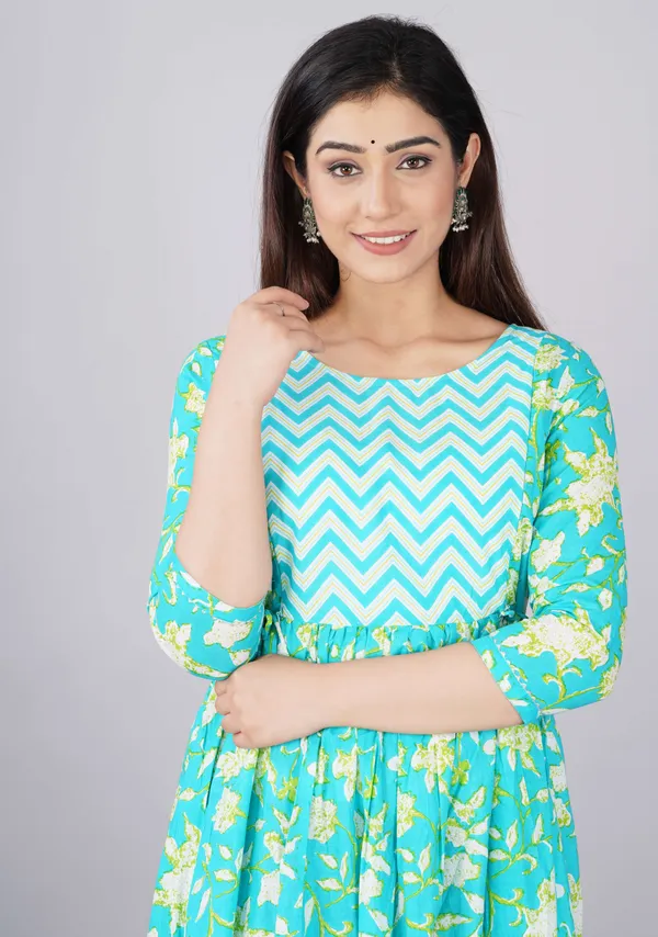 Light_Blue_Pure_Cotton_Floral_Print_Casual_Regular_Fit_Round_Neck_Anarkali_Gown_For_Women
