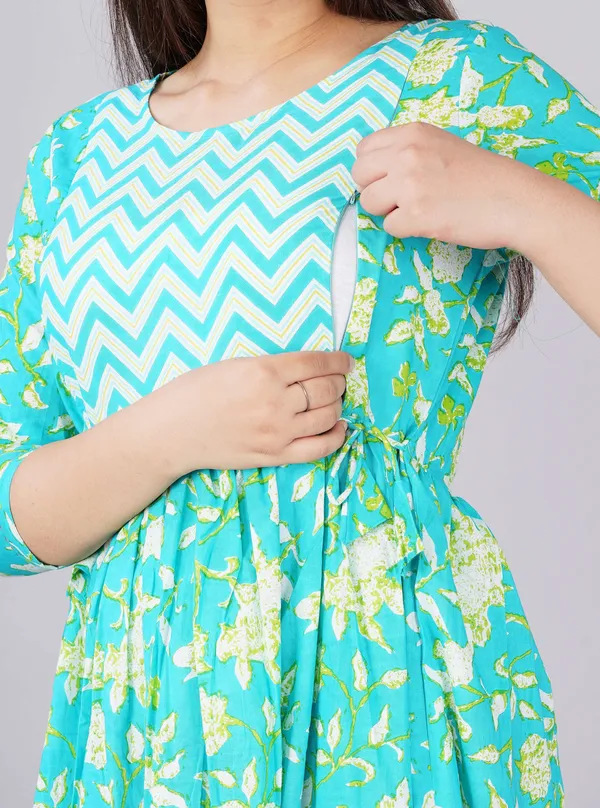Light_Blue_Pure_Cotton_Floral_Print_Casual_Regular_Fit_Round_Neck_Anarkali_Gown_For_Women