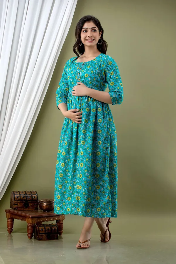 Blue_Pure_Cotton_Floral_Print_Casual_Regular_Fit_Round_Neck_Anarkali_Gown_For_Women