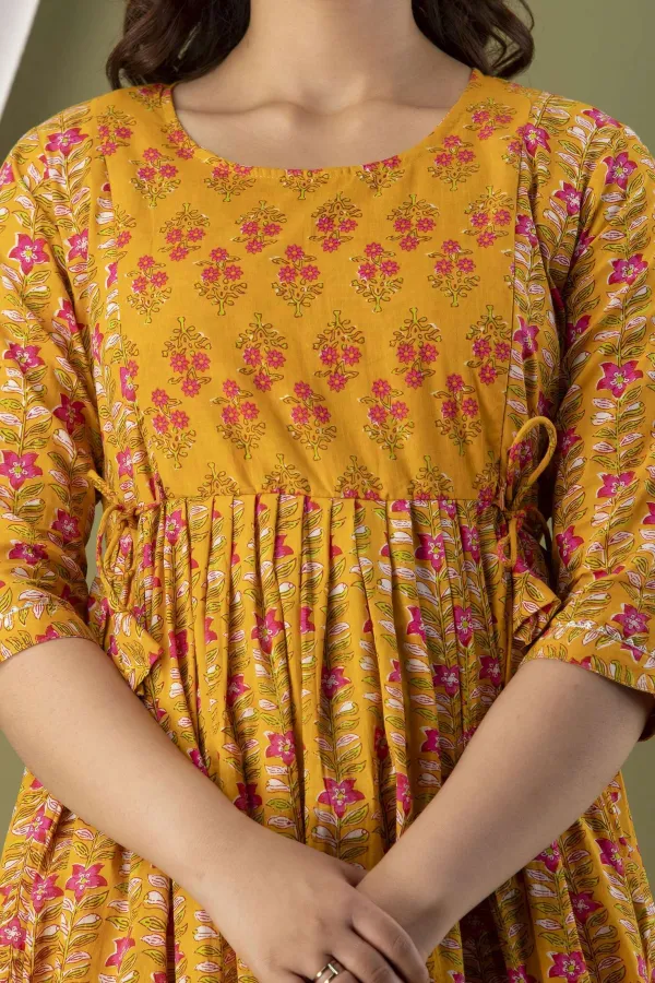 Yellow_Pure_Cotton_Floral_Print_Casual_Regular_Fit_Round_Neck_Anarkali_Gown_For_Women