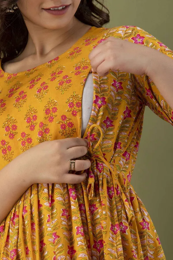 Yellow_Pure_Cotton_Floral_Print_Casual_Regular_Fit_Round_Neck_Anarkali_Gown_For_Women