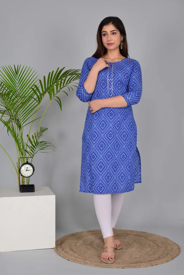 Blue_Pure_Cotton_Floral_Print_Casual_Regular_Fit_Round_Neck_Ethnic_Straight_Kurta_For_Women