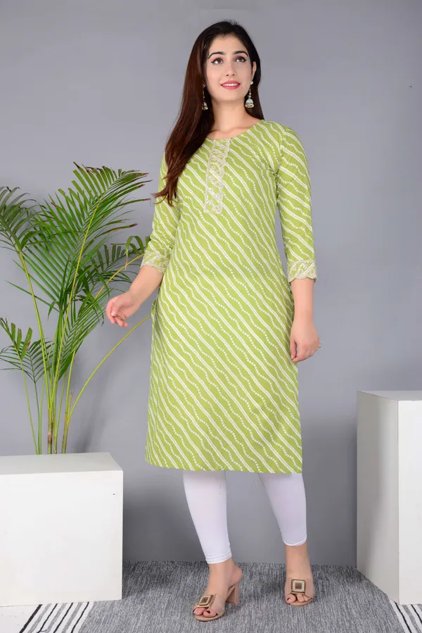 Light_Green_Pure_Cotton_Floral_Print_Casual_Regular_Fit_Round_Neck_Ethnic_Straight_Kurta_For_Women