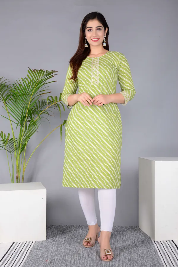 Light_Green_Pure_Cotton_Floral_Print_Casual_Regular_Fit_Round_Neck_Ethnic_Straight_Kurta_For_Women