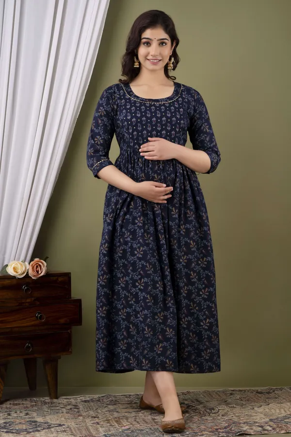 Dark_Blue_Pure_Cotton_Floral_Print_Casual_Regular_Fit_Round_Neck_Maternity_Anarkali_Gown_For_Women