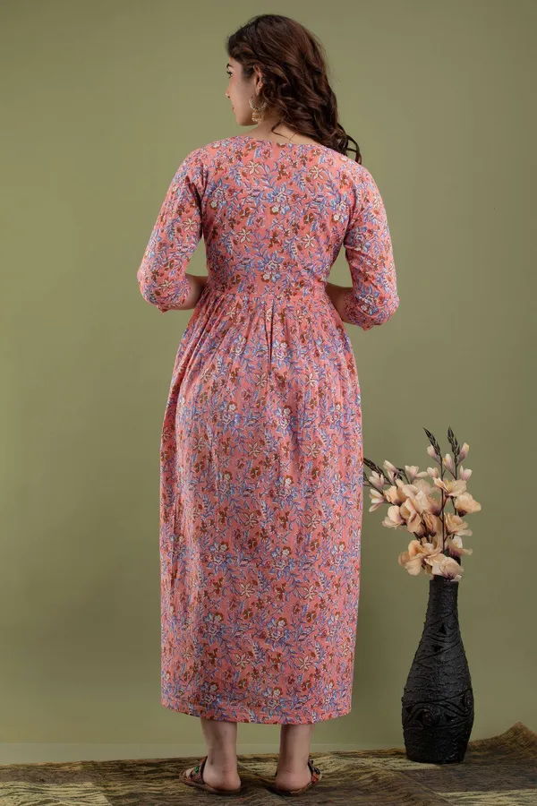 Dark_Green_Pure_Cotton_Floral_Print_Casual_Regular_Fit_Round_Neck_Maternity_Anarkali_Gown_For_Women
