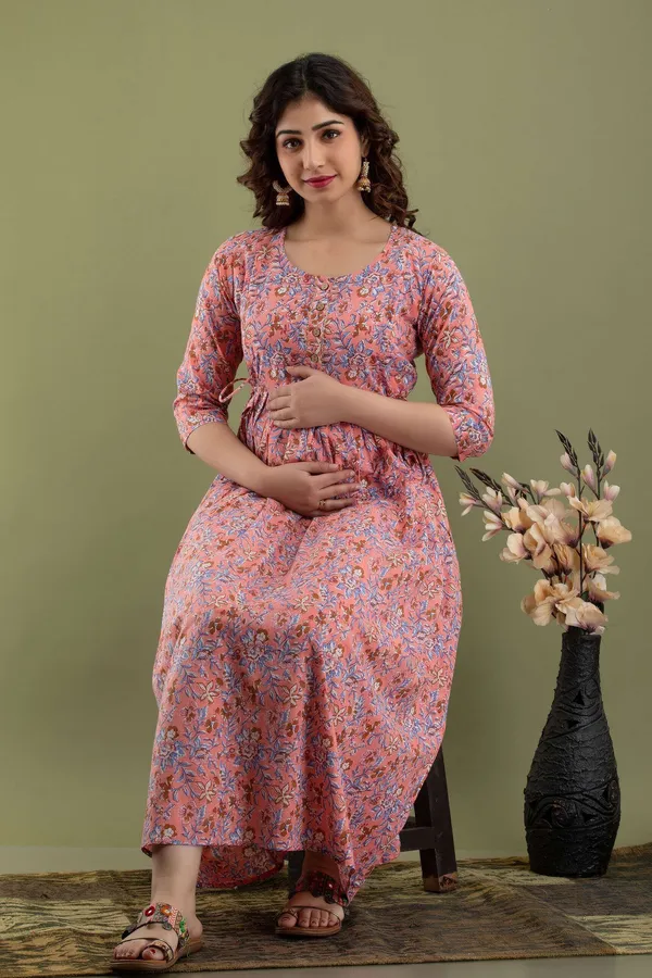 Dark_Green_Pure_Cotton_Floral_Print_Casual_Regular_Fit_Round_Neck_Maternity_Anarkali_Gown_For_Women