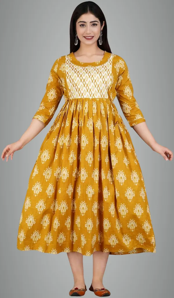 Yellow_Cotton_Blend_Floral_Print_Casual_Regular_Fit_Round_Neck_Anarkali_Gown_For_Women