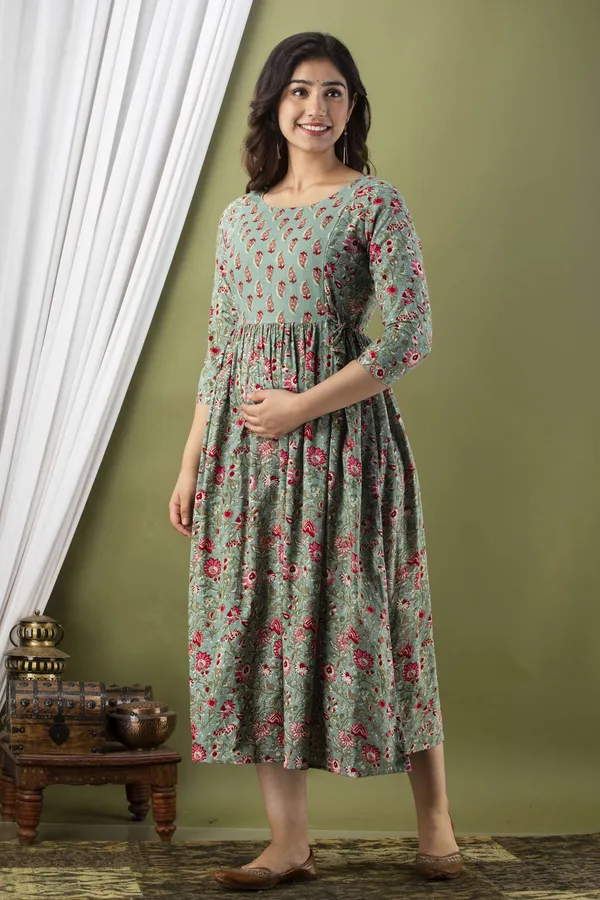 Light_Green_Cotton_Blend_Floral_Print_Casual_Regular_Fit_Round_Neck_Maternity_A-Line_Kurta_For_Women