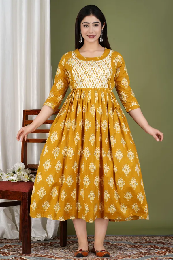 Yellow_Cotton_Blend_Floral_Print_Casual_Regular_Fit_Round_Neck_Maternity_A-Line_Kurta_For_Women