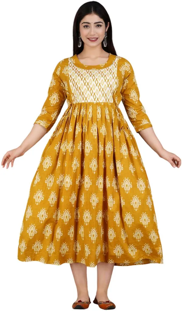 Yellow_Cotton_Blend_Floral_Print_Casual_Regular_Fit_Round_Neck_Maternity_A-Line_Kurta_For_Women
