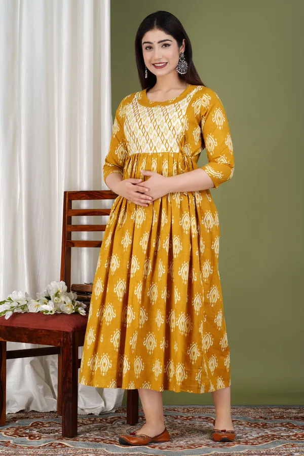 Yellow_Cotton_Blend_Floral_Print_Casual_Regular_Fit_Round_Neck_Maternity_A-Line_Kurta_For_Women