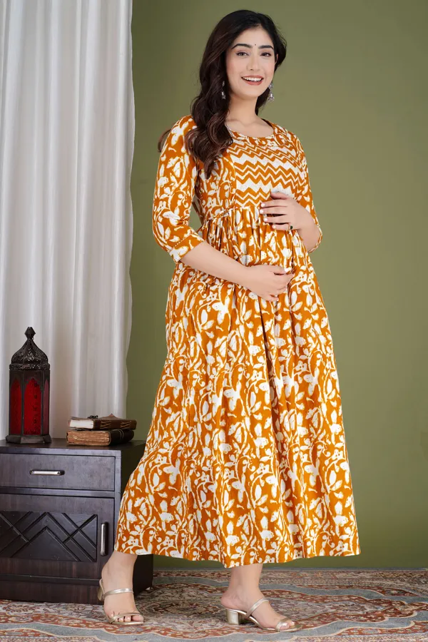 Yellow_Cotton_Blend_Floral_Print_Casual_Regular_Fit_Round_Neck_Maternity_Anarkali_Gown_For_Women