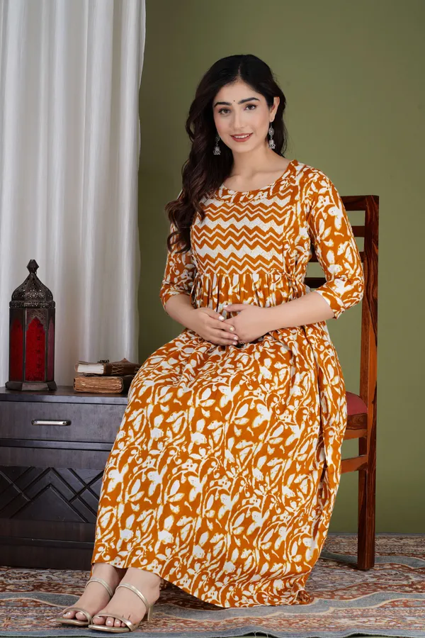 Yellow_Cotton_Blend_Floral_Print_Casual_Regular_Fit_Round_Neck_Maternity_Anarkali_Gown_For_Women