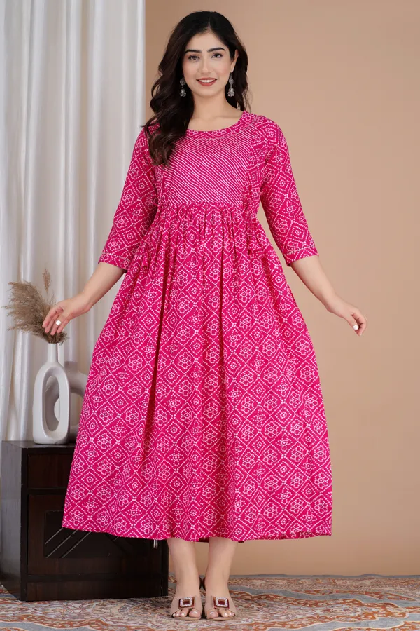 Pink_Cotton_Blend_Floral_Print_Casual_Regular_Fit_Round_Neck_Maternity_Anarkali_Gown_For_Women