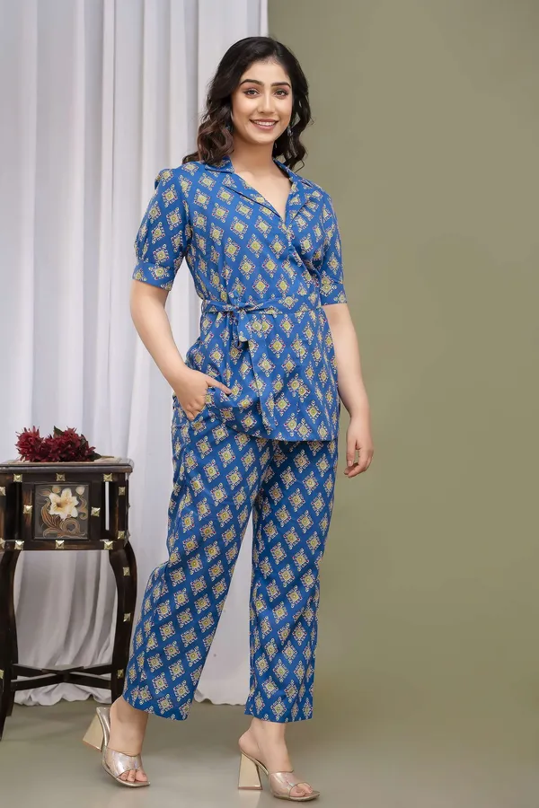 Blue_Pure_Cotton_Printed_Casual_Regular_Fit_Half_Sleeve_V-Neck_Co-Ord_Set_For_Women