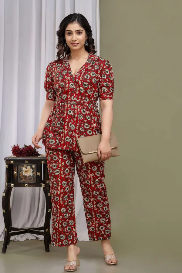 Maroon_Pure_Cotton_Printed_Casual_Regular_Fit_Half_Sleeve_V-Neck_Co-Ord_Set_For_Women