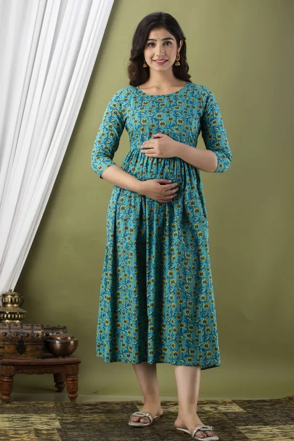 Dark_Blue_Pure_Cotton_Floral_Print_Casual_Regular_Fit_Round_Neck_Anarkali_Gown_For_Women