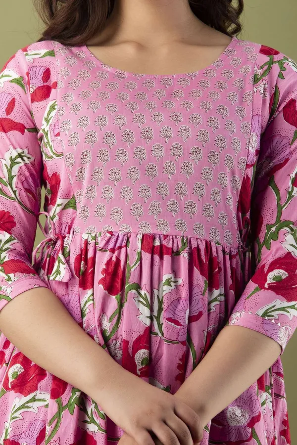 Pink_Pure_Cotton_Floral_Print_Casual_Regular_Fit_Round_Neck_Maternity_A-Line_Kurta_For_Women
