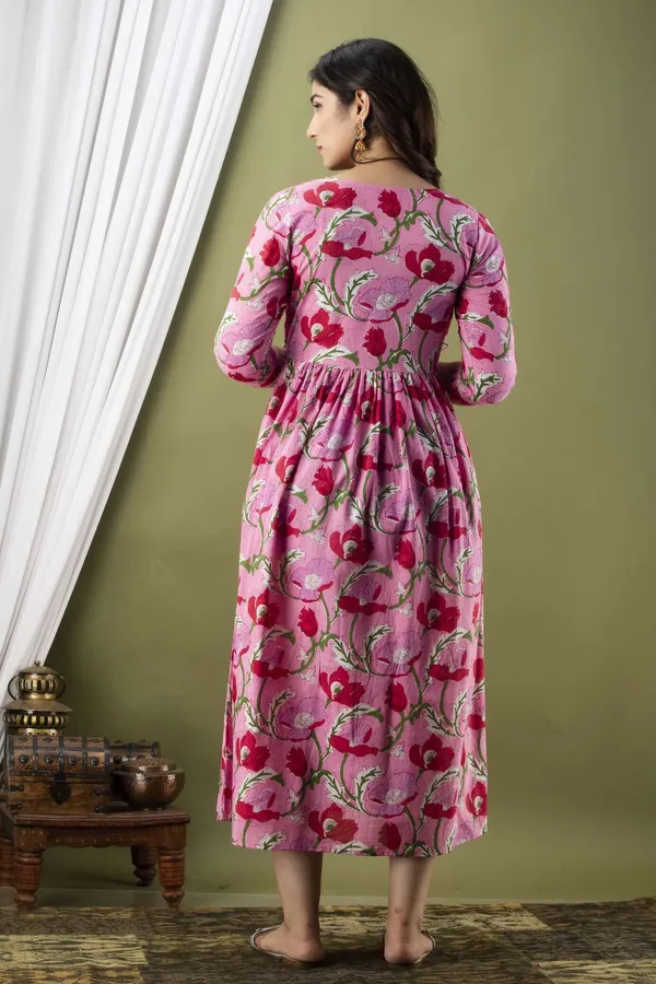 Pink_Pure_Cotton_Floral_Print_Casual_Regular_Fit_Round_Neck_Maternity_A-Line_Kurta_For_Women