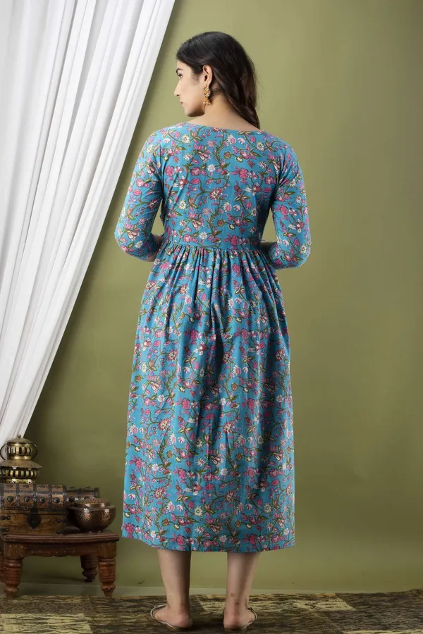 Blue_Pure_Cotton_Floral_Print_Casual_Regular_Fit_Round_Neck_Maternity_A-Line_Kurta_For_Women