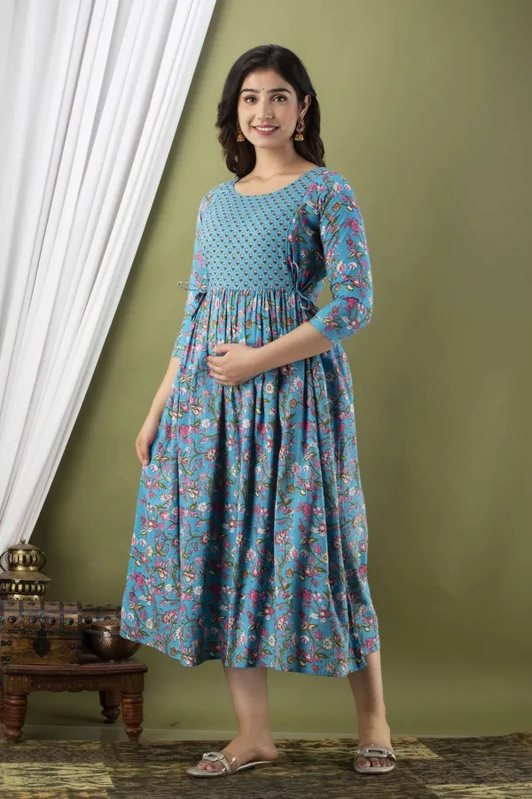 Blue_Pure_Cotton_Floral_Print_Casual_Regular_Fit_Round_Neck_Maternity_A-Line_Kurta_For_Women
