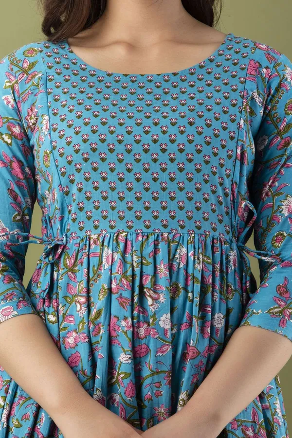 Blue_Pure_Cotton_Floral_Print_Casual_Regular_Fit_Round_Neck_Maternity_A-Line_Kurta_For_Women