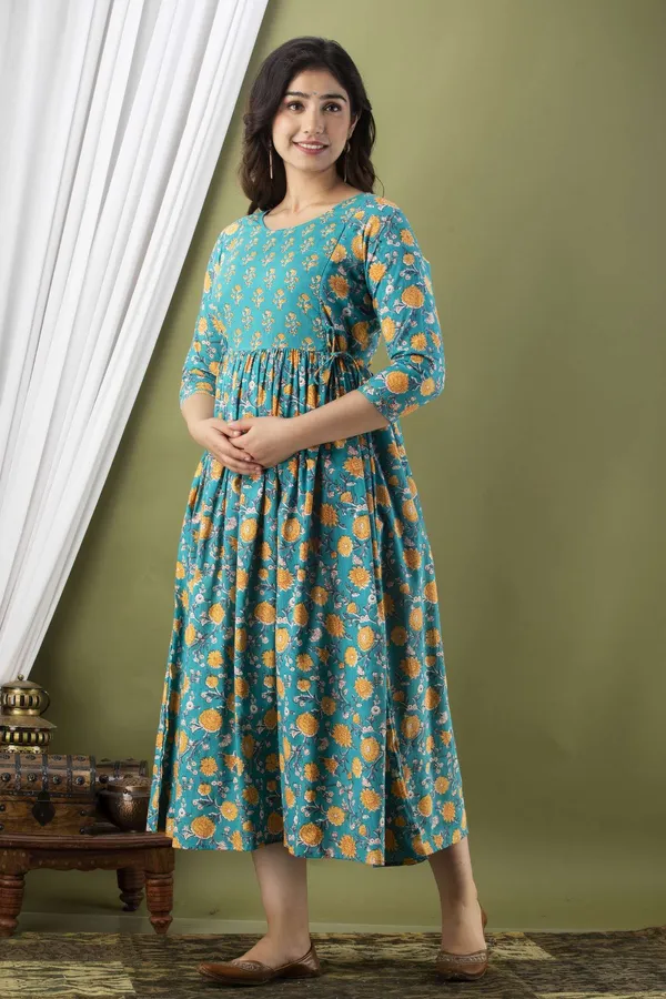 Green_Pure_Cotton_Floral_Print_Casual_Regular_Fit_Round_Neck_Maternity_A-Line_Kurta_For_Women