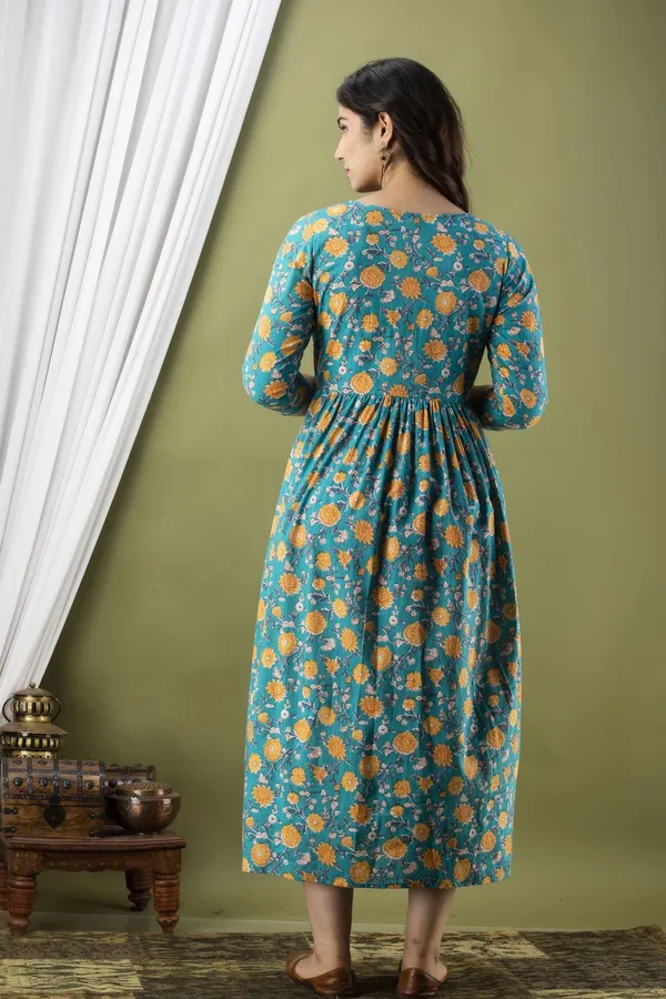 Green_Pure_Cotton_Floral_Print_Casual_Regular_Fit_Round_Neck_Maternity_A-Line_Kurta_For_Women
