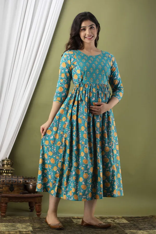 Green_Pure_Cotton_Floral_Print_Casual_Regular_Fit_Round_Neck_Maternity_A-Line_Kurta_For_Women