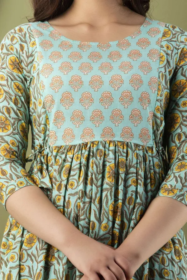 Light_Green_Pure_Cotton_Floral_Print_Casual_Regular_Fit_Round_Neck_Maternity_A-Line_Kurta_For_Women