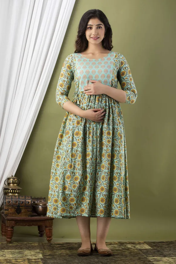 Light_Green_Pure_Cotton_Floral_Print_Casual_Regular_Fit_Round_Neck_Maternity_A-Line_Kurta_For_Women