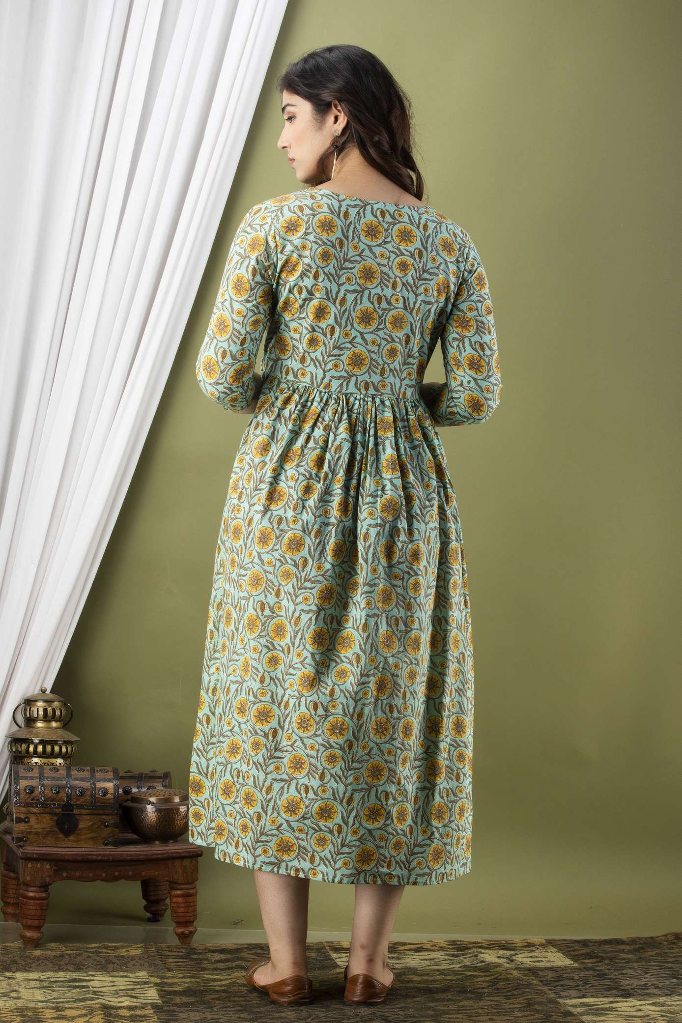 Light_Green_Pure_Cotton_Floral_Print_Casual_Regular_Fit_Round_Neck_Maternity_A-Line_Kurta_For_Women