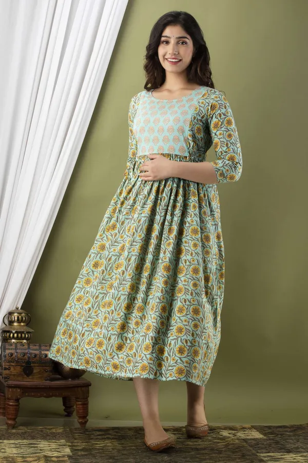 Light_Green_Pure_Cotton_Floral_Print_Casual_Regular_Fit_Round_Neck_Maternity_A-Line_Kurta_For_Women